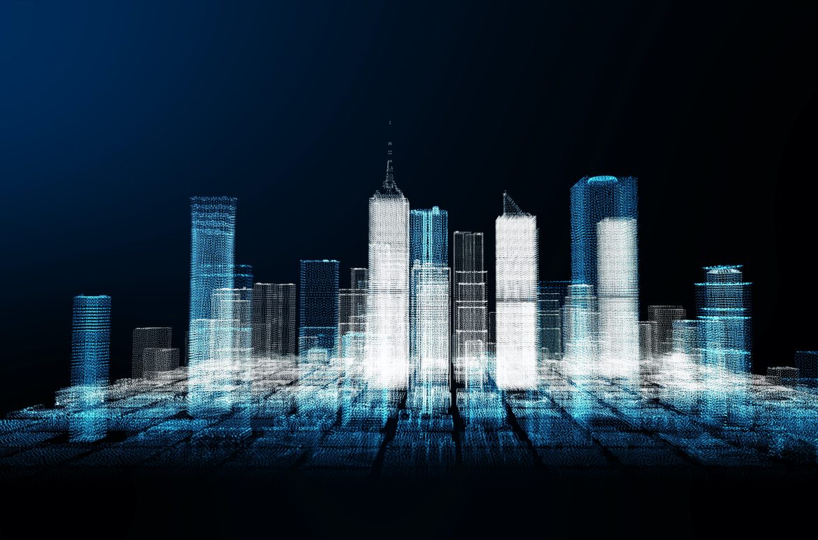 Energy power of future big city concept, light blue neon skyscraper building of business area architecture simulation technology digital fly over view OUTSCALE favorise le développement des startups et du tissu économique local