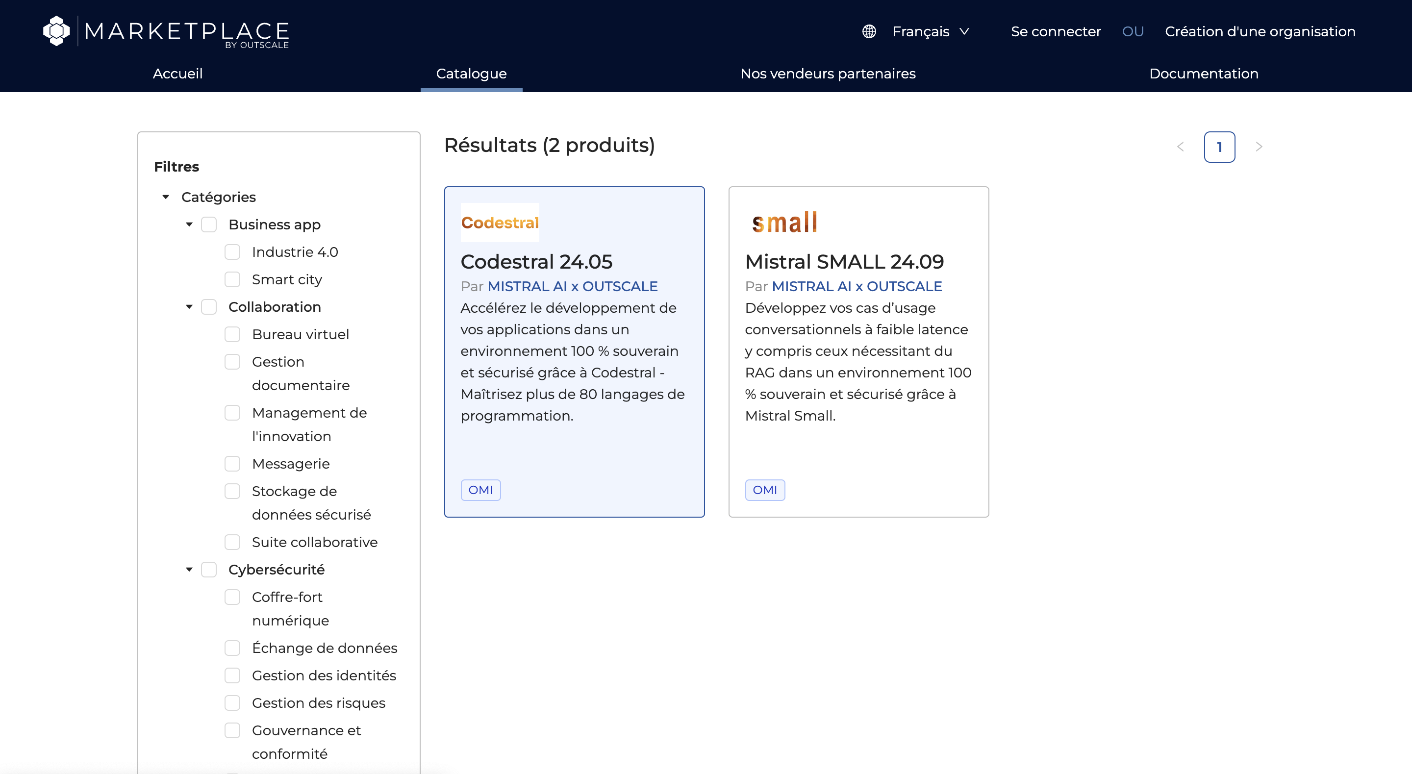 Searching for Mistral on OUTSCALE Marketplace