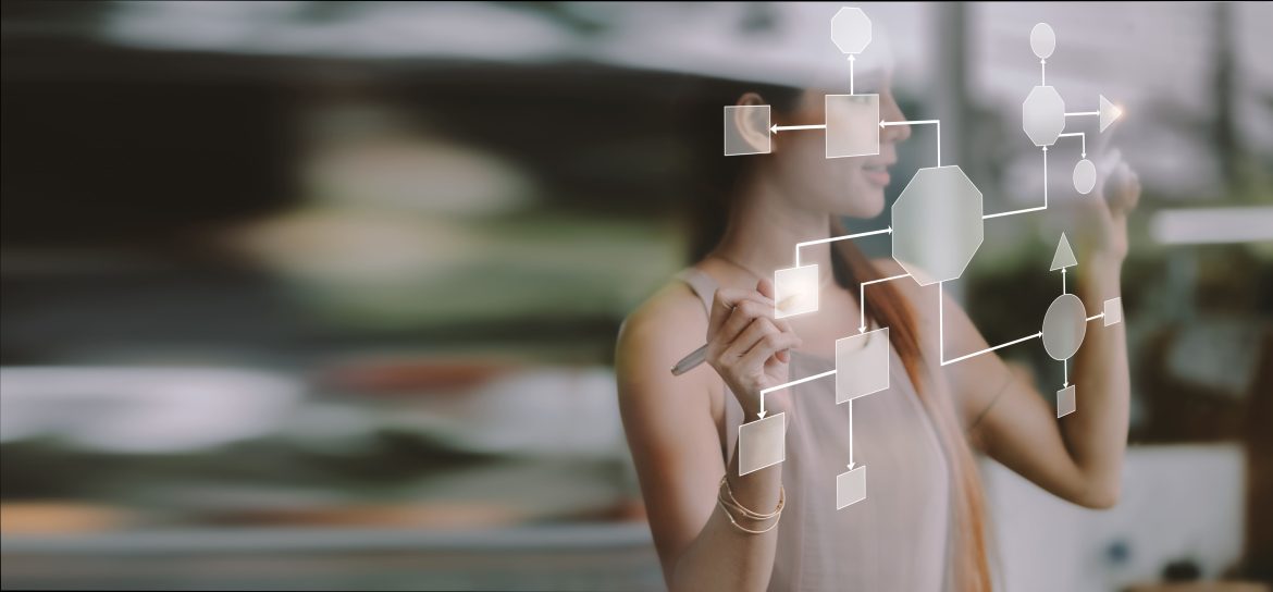 A professional interacts with a digital workflow diagram representing the stages of the fund lifecycle in asset management.