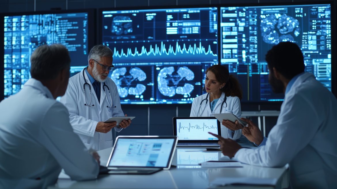 Réunion de professionnels de santé analysant des données médicales sur écrans dans un environnement conforme à la certification HDS laboratoire médical
