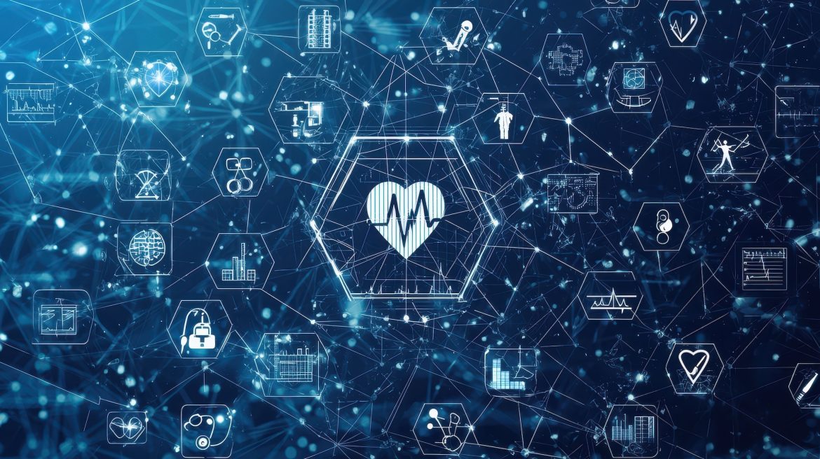 Réseau numérique sécurisé avec icônes médicales et cœur connecté illustrant la conformité HDS laboratoire médical
