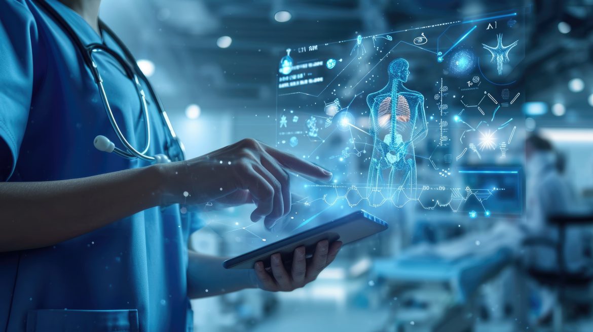 Médecin utilisant une tablette avec une interface holographique médicale, illustrant l'hébergement HDS pour laboratoire de biologie