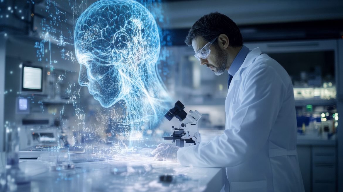 Biologiste en laboratoire analysant des échantillons avec une hologramme de cerveau numérique illustrant l'IA analyse biologie