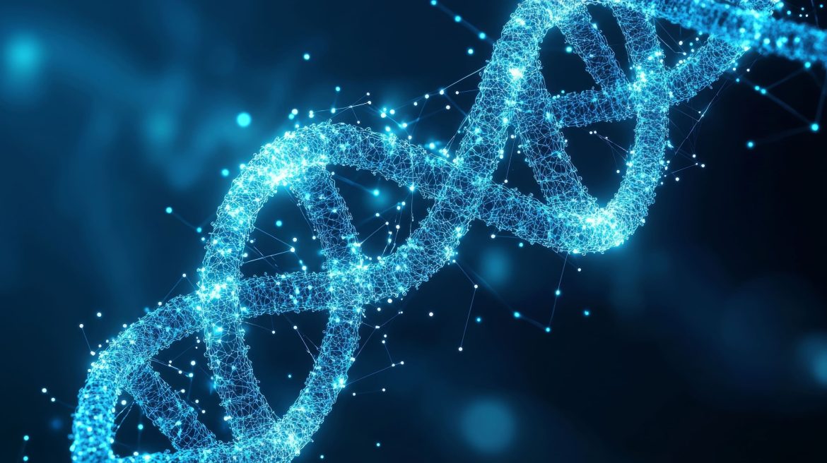 Hélice d'ADN numérique lumineuse connectée à un réseau de données, illustrant l'IA analyse biologie
