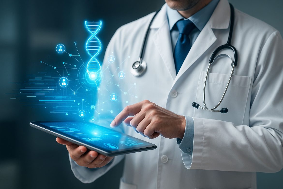 Médecin utilisant une tablette avec une interface d'IA et une hélice d'ADN lumineuse pour illustrer l'IA analyse biologie