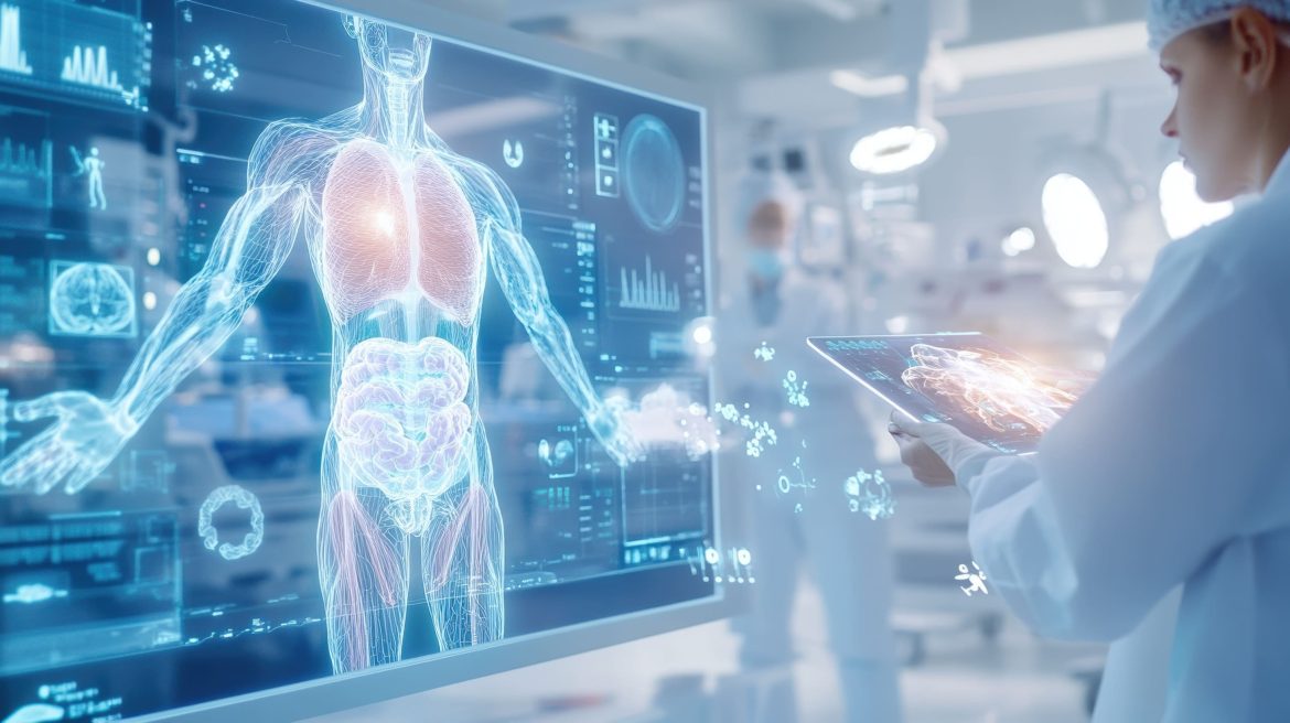 Professionnel de santé analysant une représentation numérique du corps humain sur un écran médical interactif.