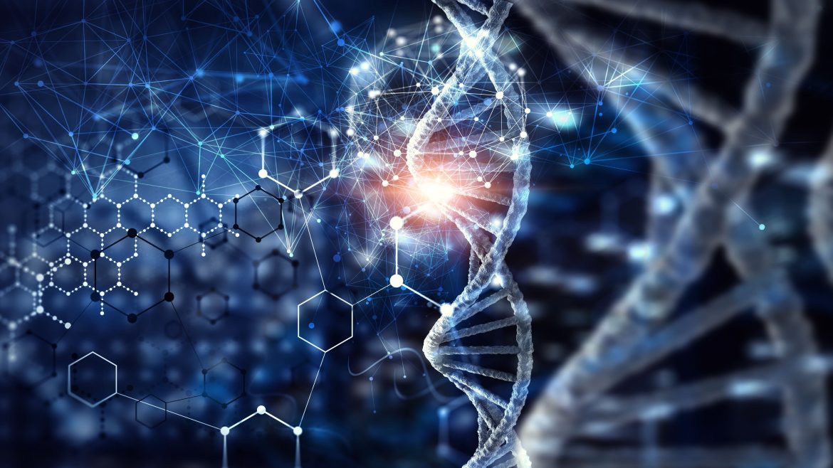 Réseau numérique sécurisé avec ADN et molécules, illustrant l'infrastructure IT laboratoire médical