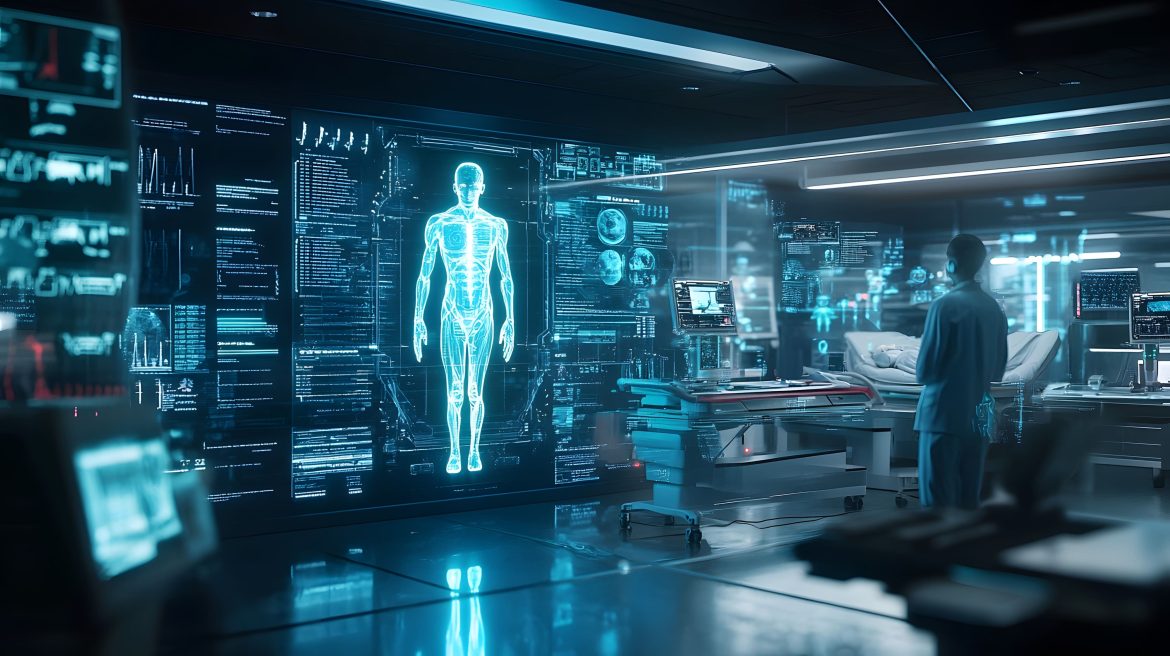 Salle de contrôle médicale futuriste avec hologramme humain et écrans de données, illustrant l'infrastructure IT laboratoire médical