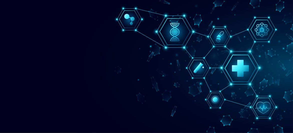 Réseau de données médicales interconnectées avec icônes de santé, illustrant l'infrastructure IT laboratoire médical
