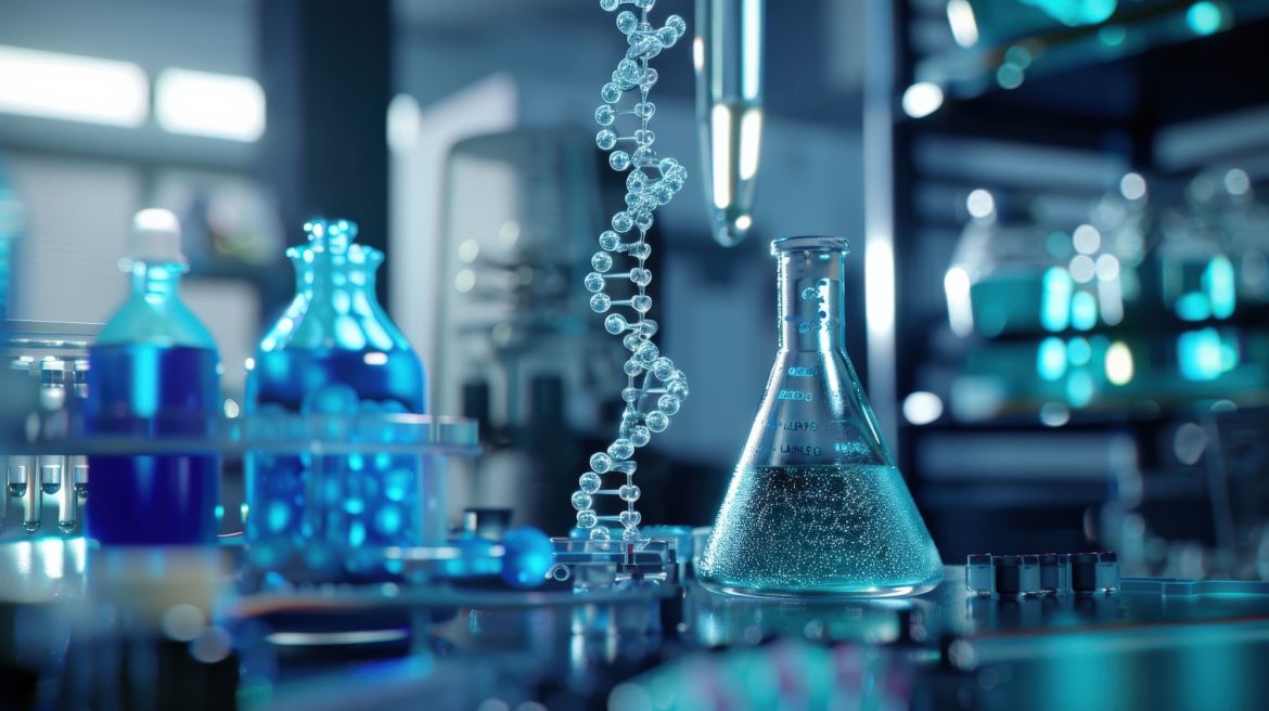 Serveur de résultats en biologie médicale illustré par un laboratoire équipé de matériel d'analyse et d'une chaîne ADN.