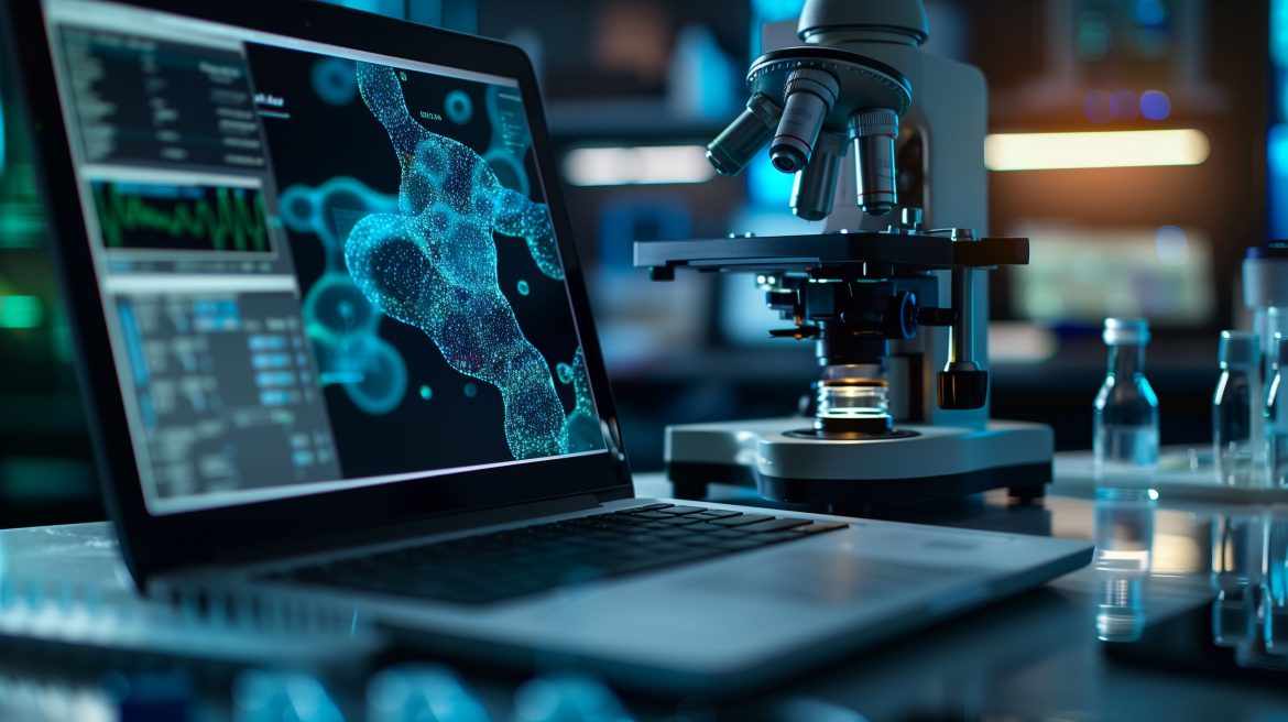 Serveur de résultats en biologie médicale affiché sur un ordinateur connecté à un microscope dans un laboratoire d'analyses.